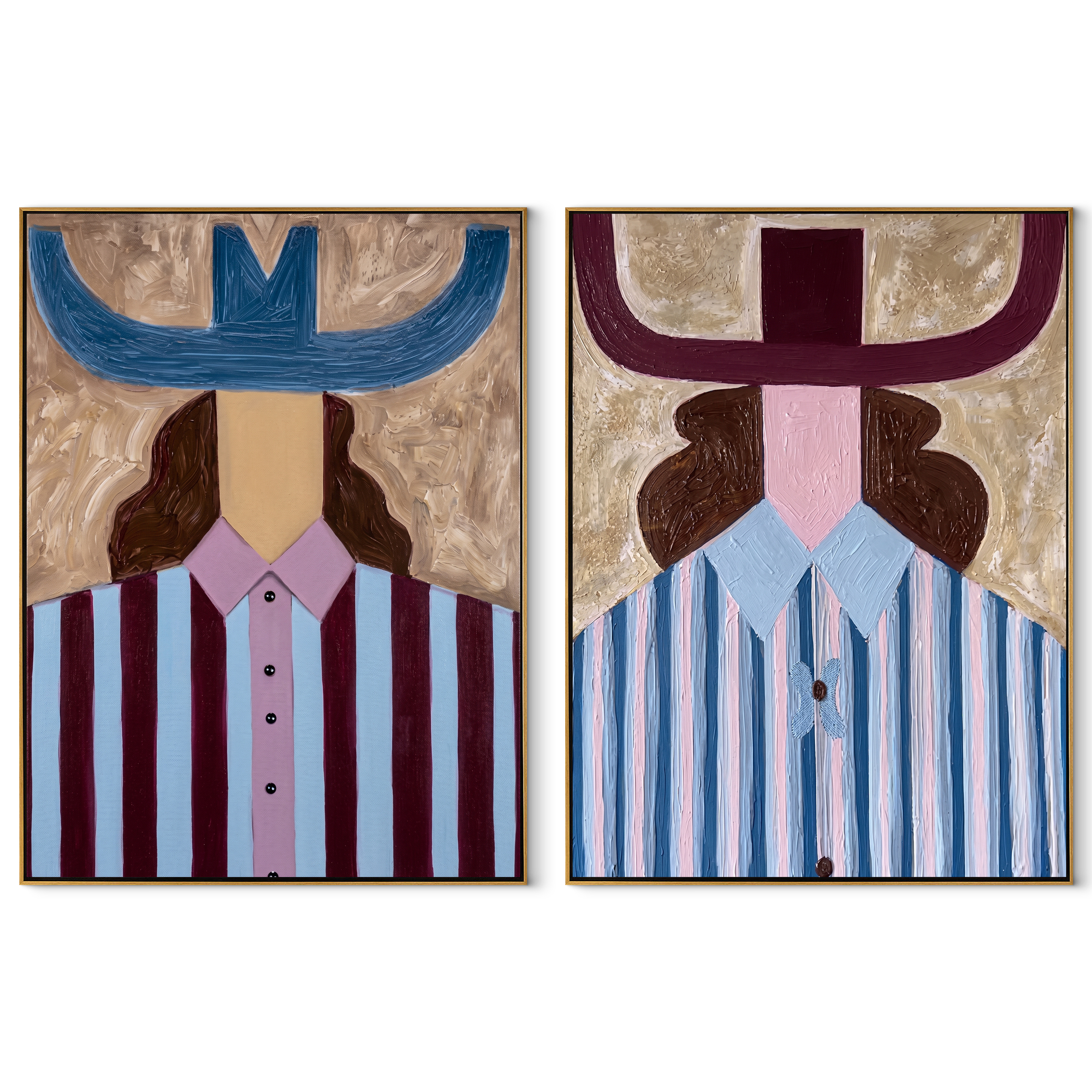 Violet Stripes Meet Blue set of two vertical canvas artworks on white