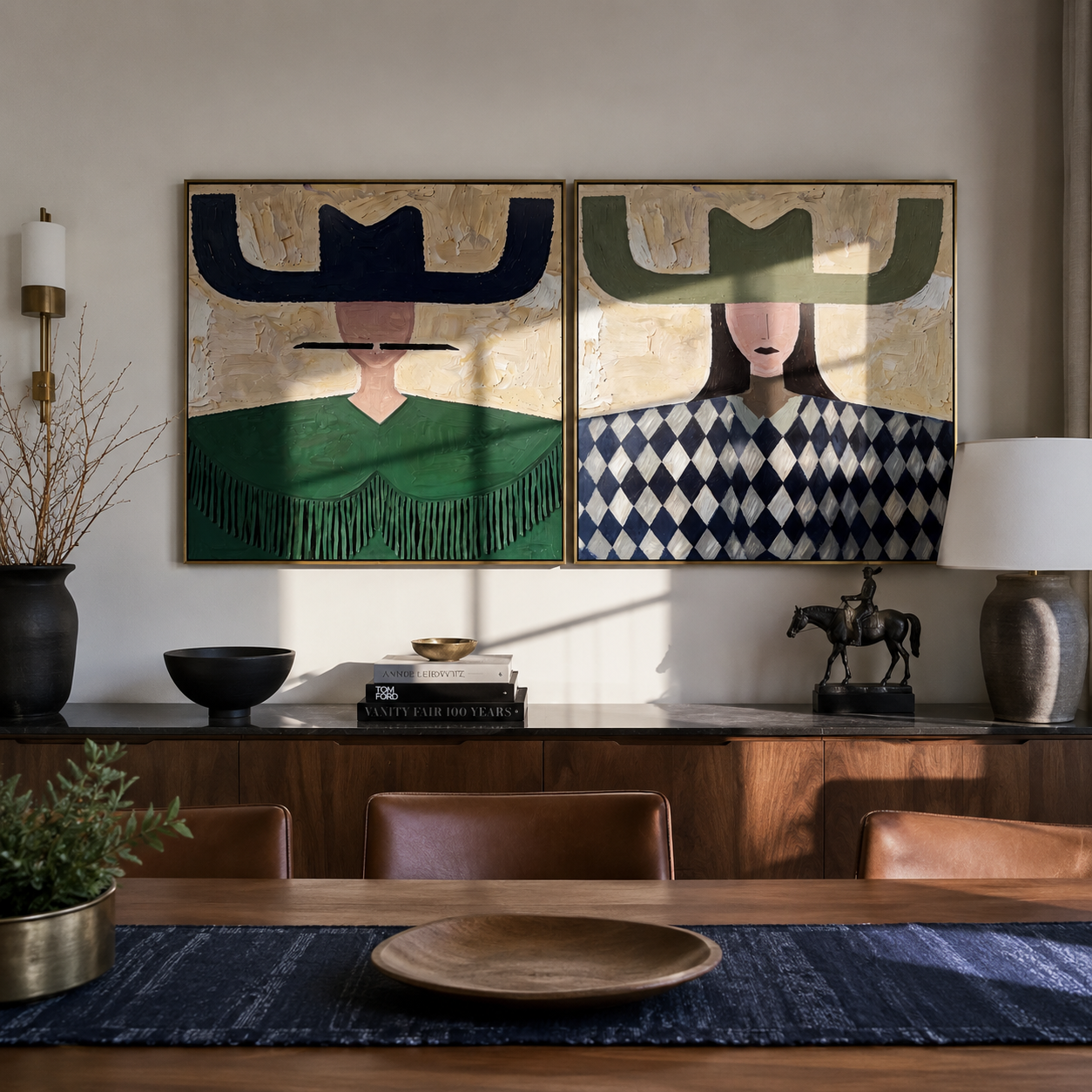 Green Fringe Frames Diamonds paired wall art styled above modern furniture
