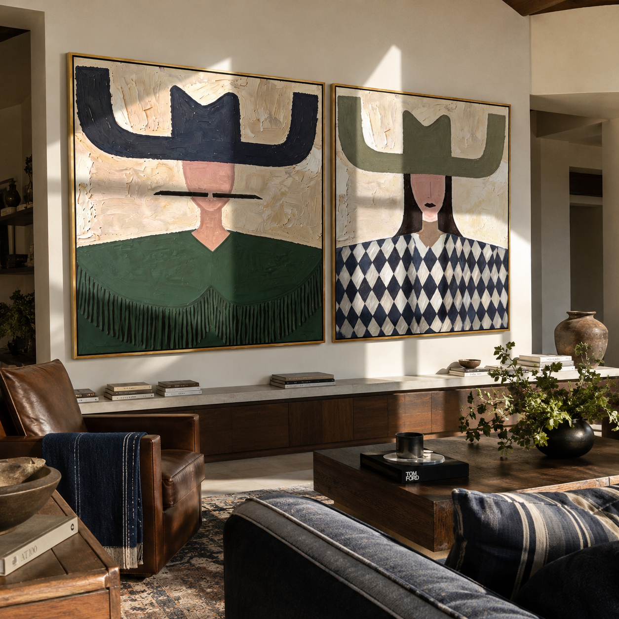 Green Fringe Frames Diamonds diptych presented with natural materials and decor