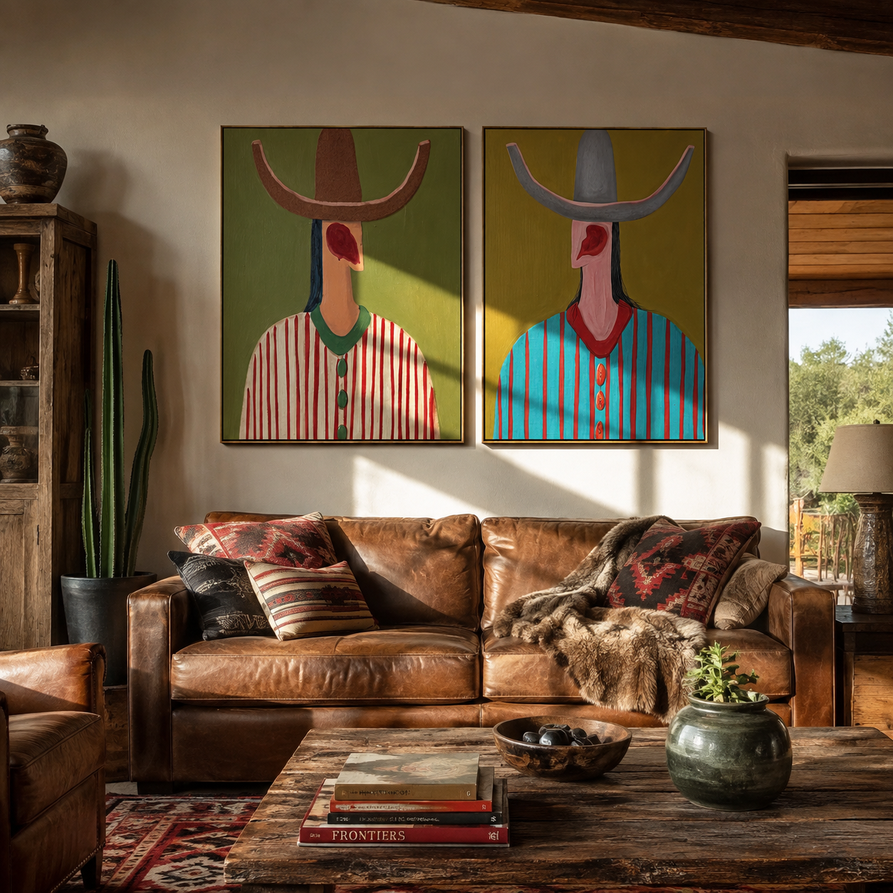 Long Necks Face West Western diptych displayed in a contemporary interior