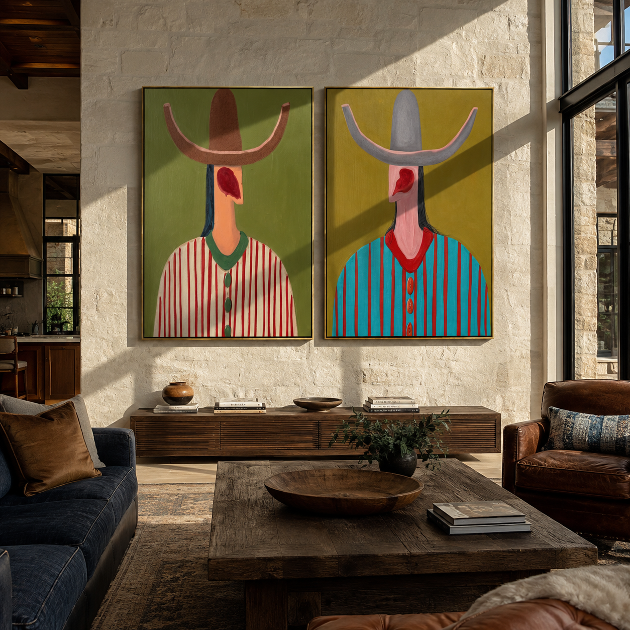 Long Necks Face West paired wall art styled above modern furniture