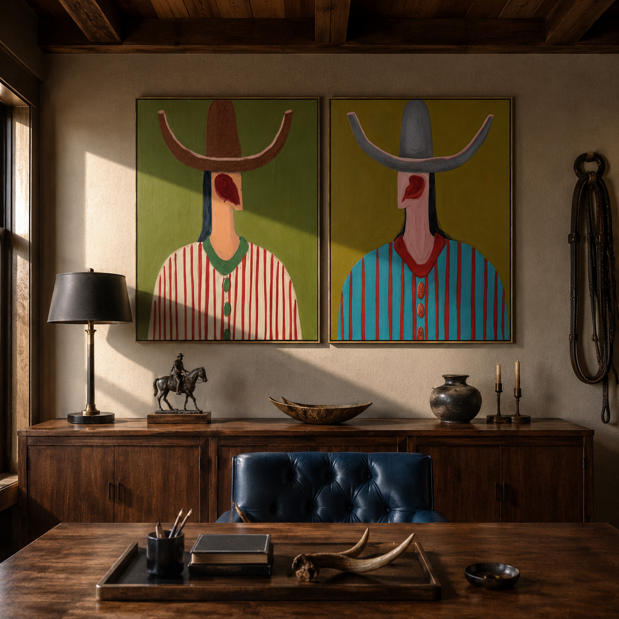 Long Necks Face West Vintage Americana diptych in a collected room