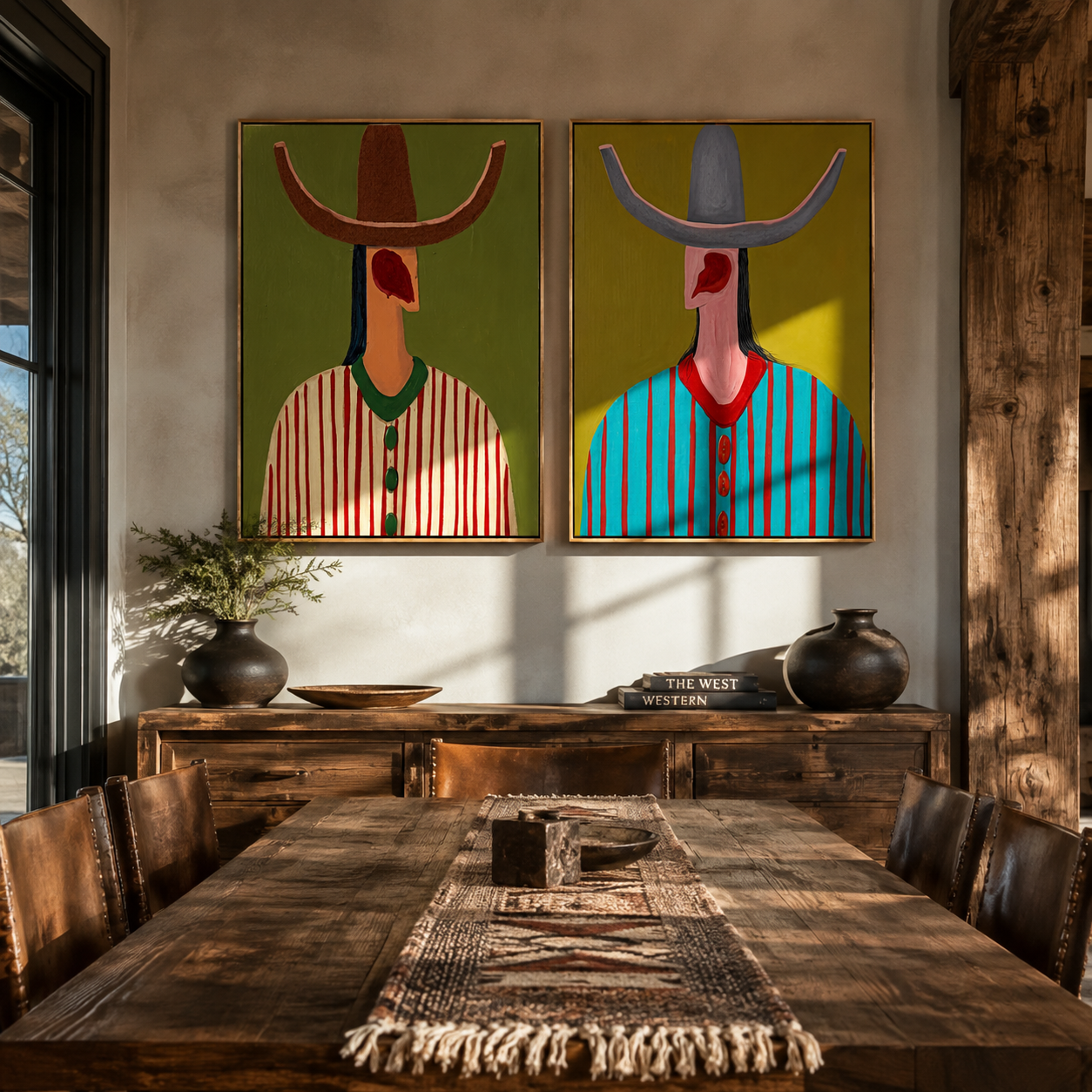 Long Necks Face West two-panel Western artwork with layered color