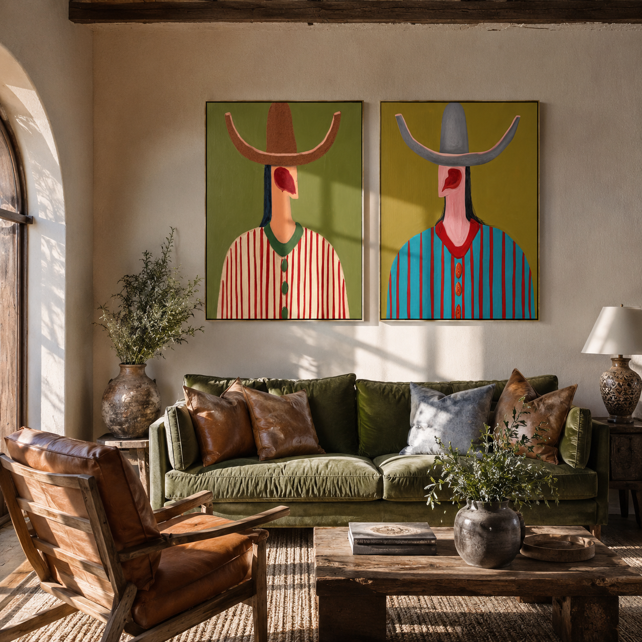 Long Necks Face West diptych presented with natural materials and decor