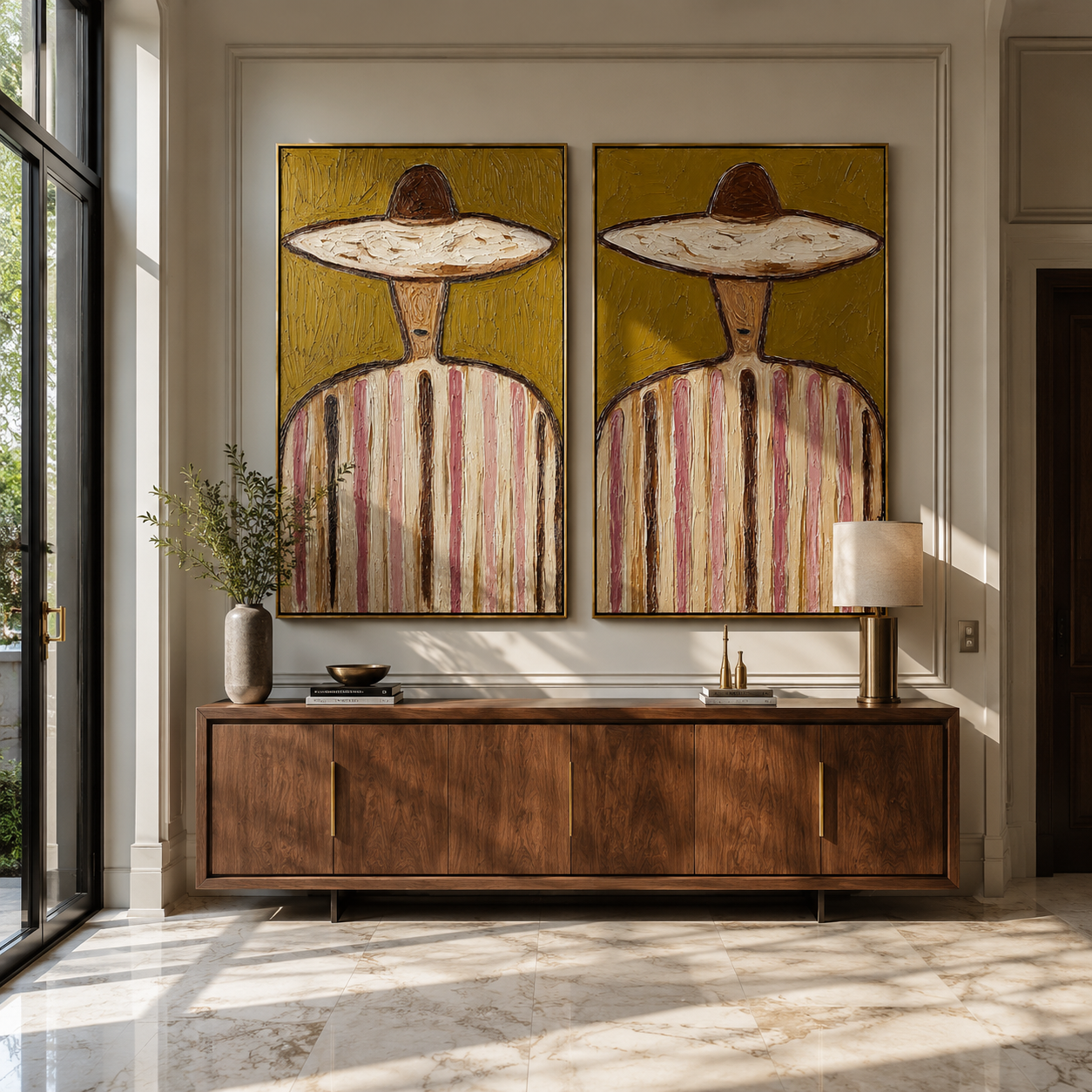 Green Stripes Keep Company paired wall art styled above modern furniture