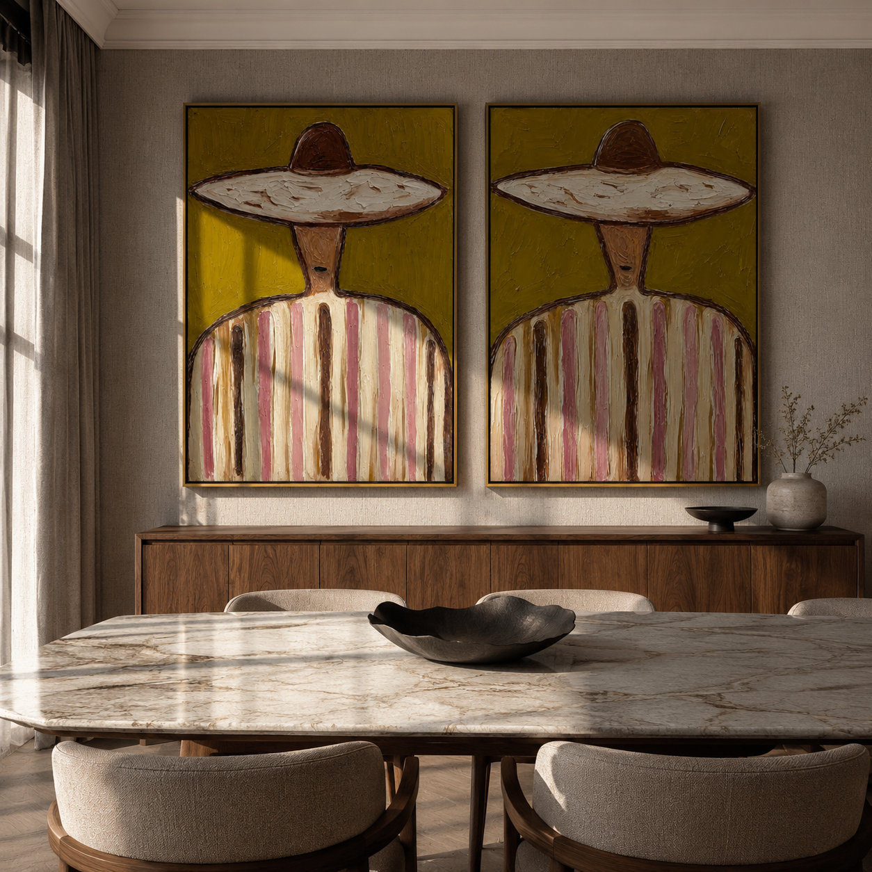 Green Stripes Keep Company Vintage Americana diptych in a collected room
