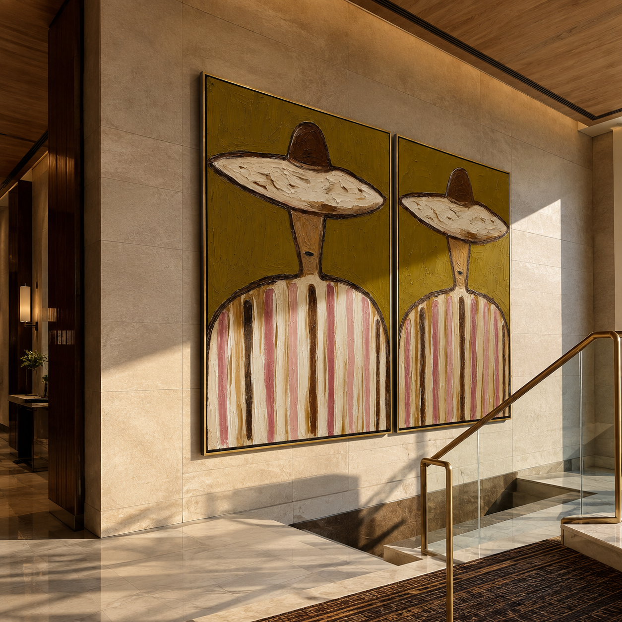 Green Stripes Keep Company diptych presented with natural materials and decor