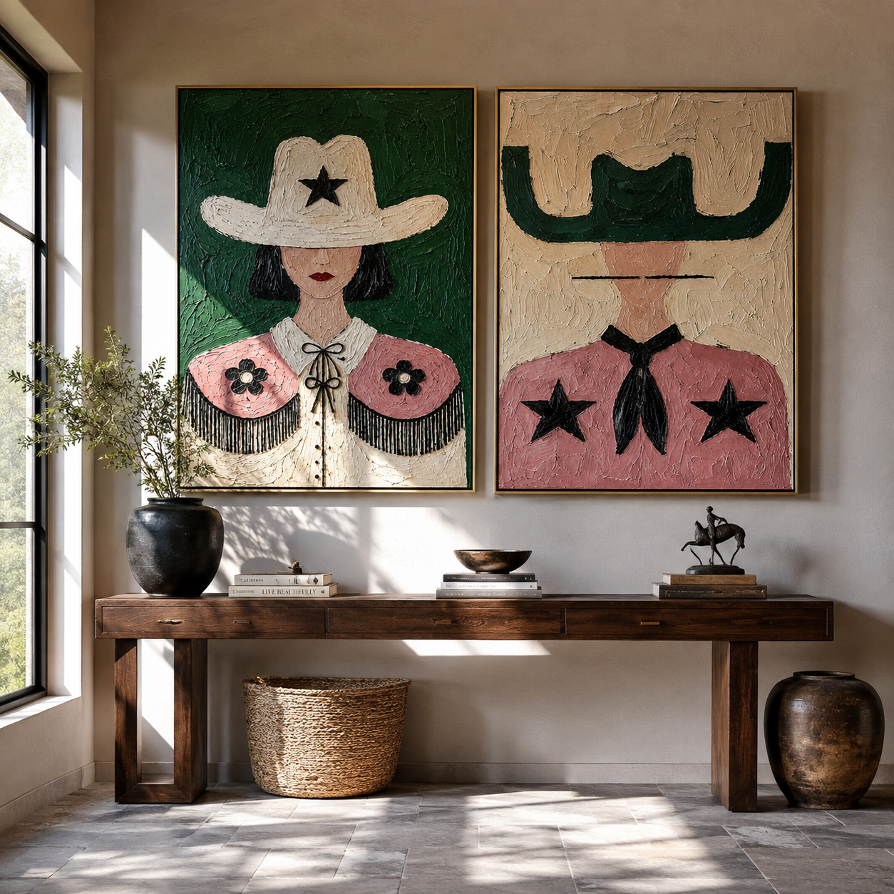 Prairie Stars Wear Pink two-panel Western artwork with layered color