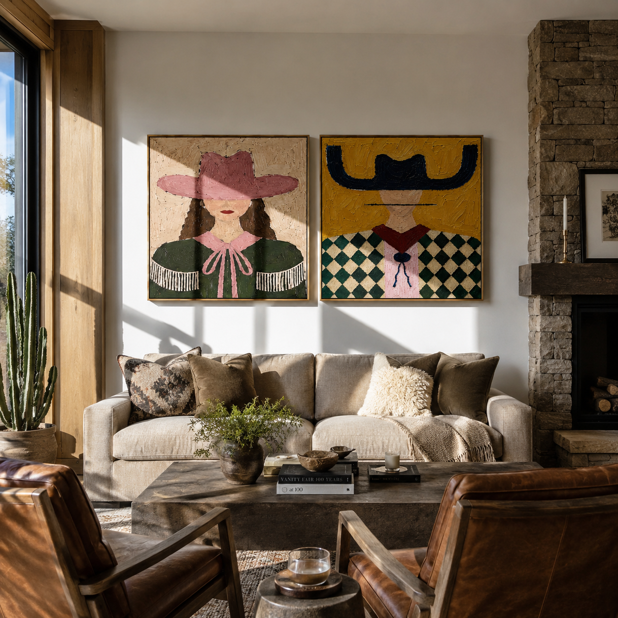 Ribbon Brims Catch Light Western diptych displayed in a contemporary interior