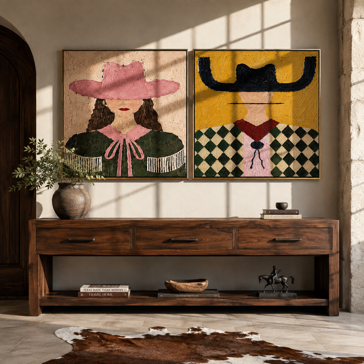 Ribbon Brims Catch Light paired wall art styled above modern furniture