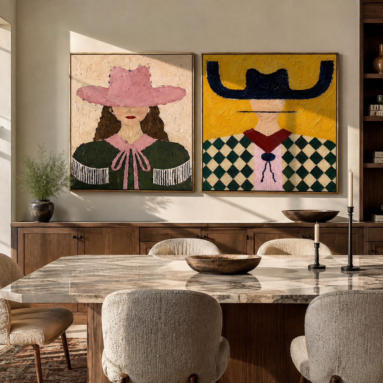 Ribbon Brims Catch Light Vintage Americana diptych in a collected room