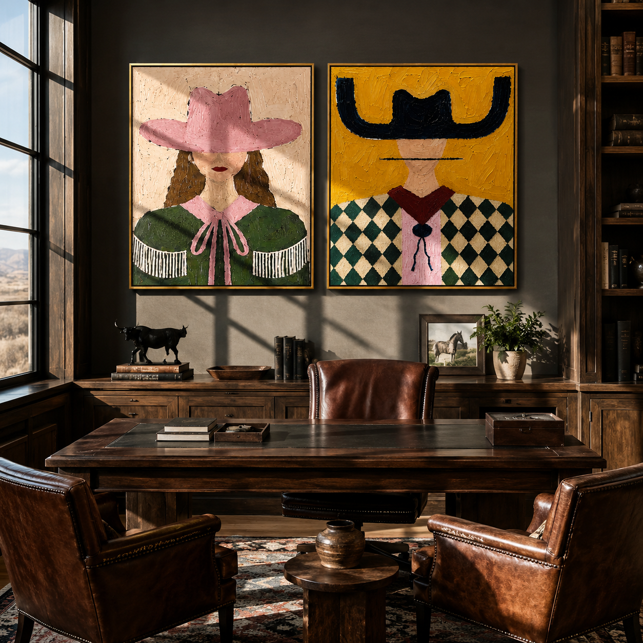 Ribbon Brims Catch Light two-panel Western artwork with layered color