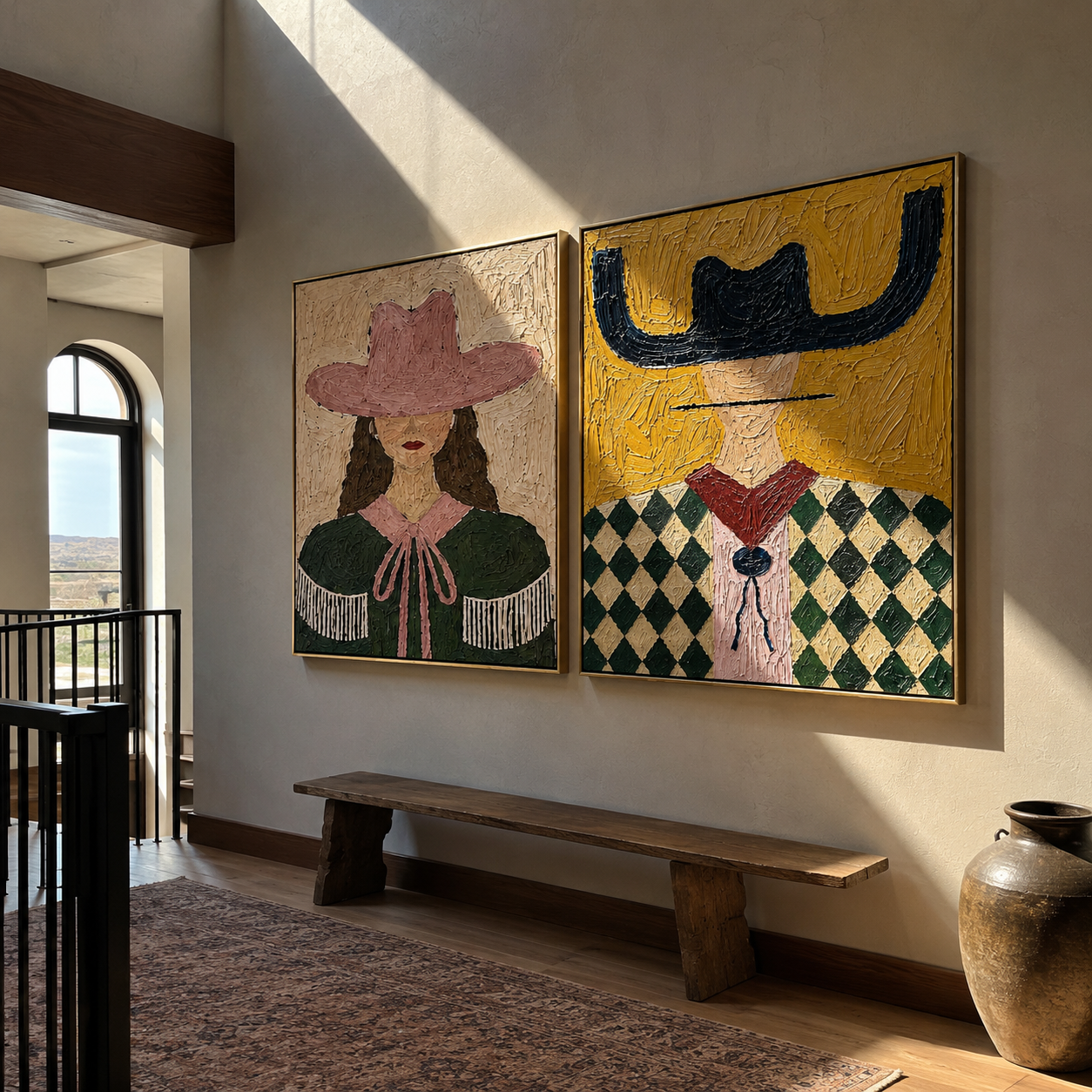 Ribbon Brims Catch Light diptych presented with natural materials and decor
