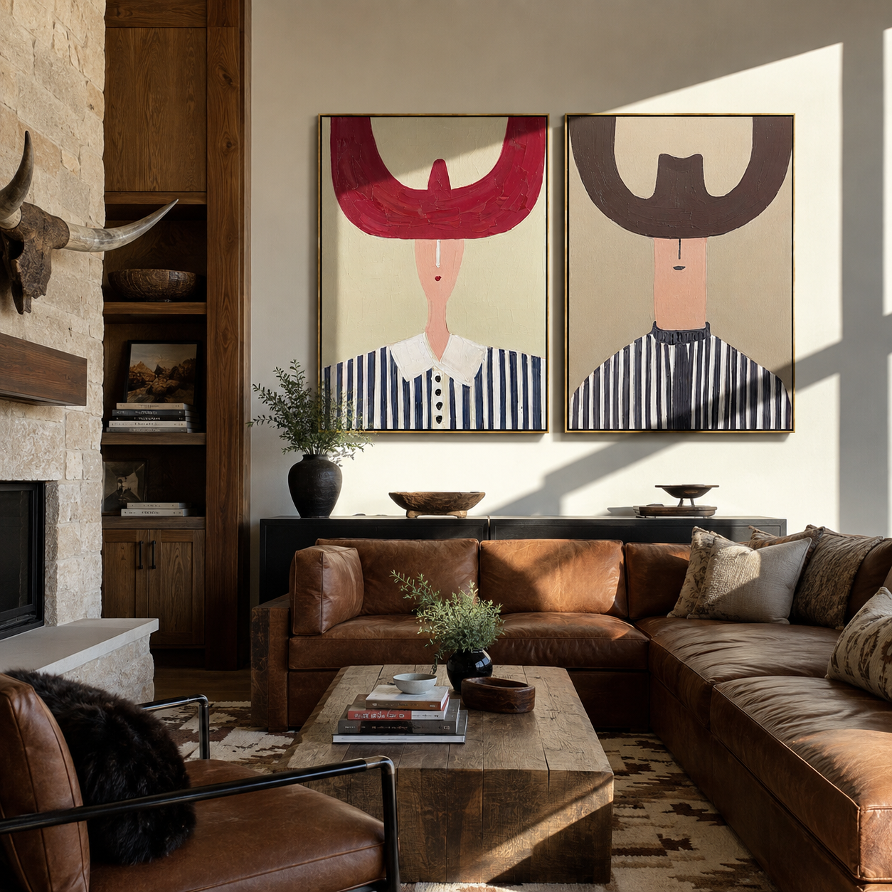 Great Hats Hold Night diptych presented with natural materials and decor