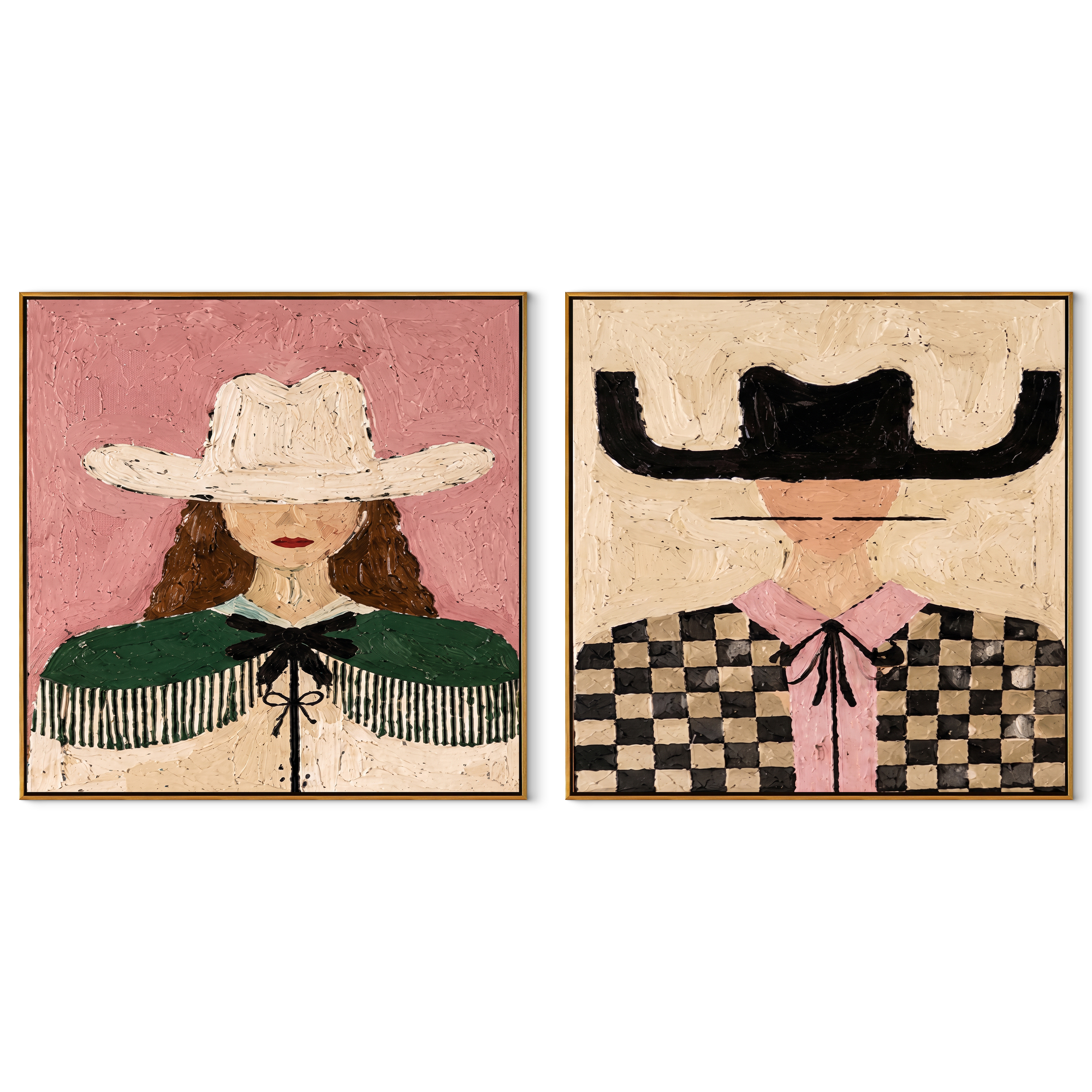 Fringe And Checks Wander set of two square canvas artworks on white