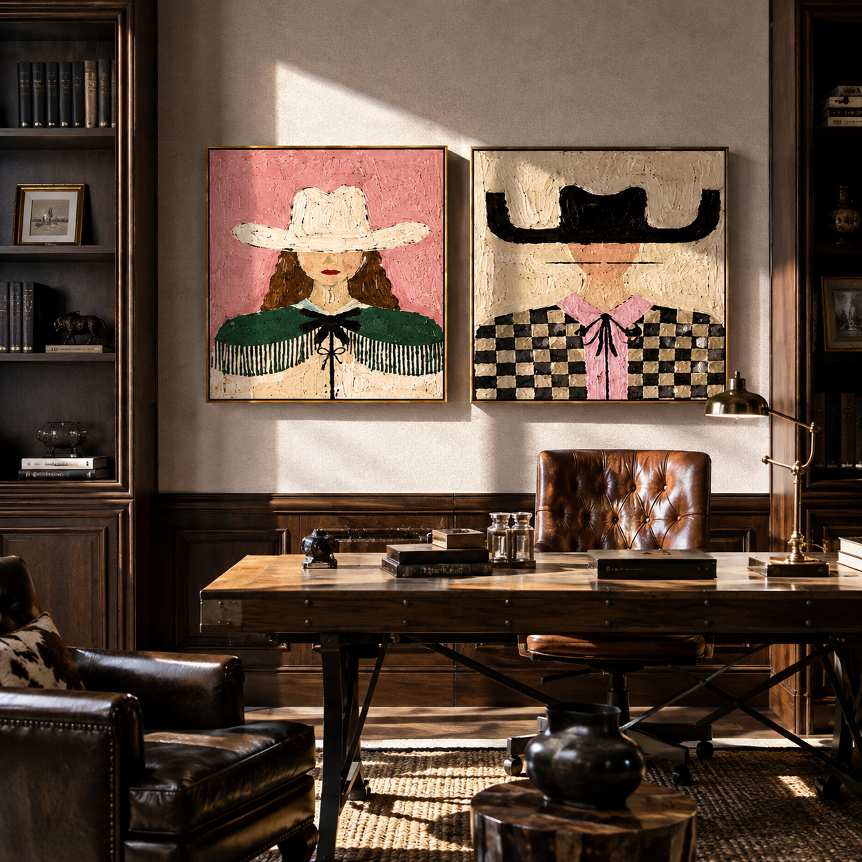 Fringe And Checks Wander Vintage Americana diptych in a collected room
