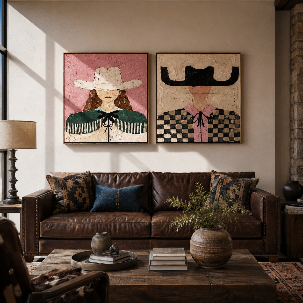 Fringe And Checks Wander diptych presented with natural materials and decor