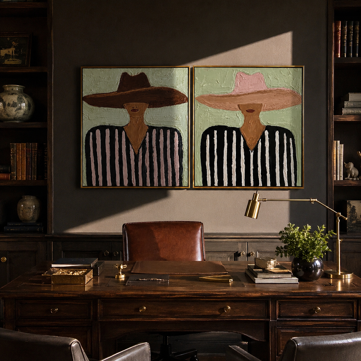 Mint Country Wears Stripes paired wall art styled above modern furniture