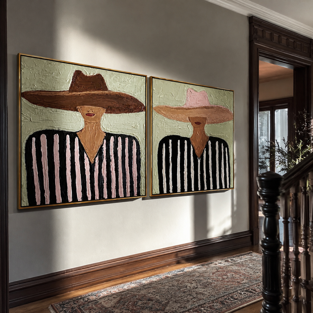 Mint Country Wears Stripes Vintage Americana diptych in a collected room