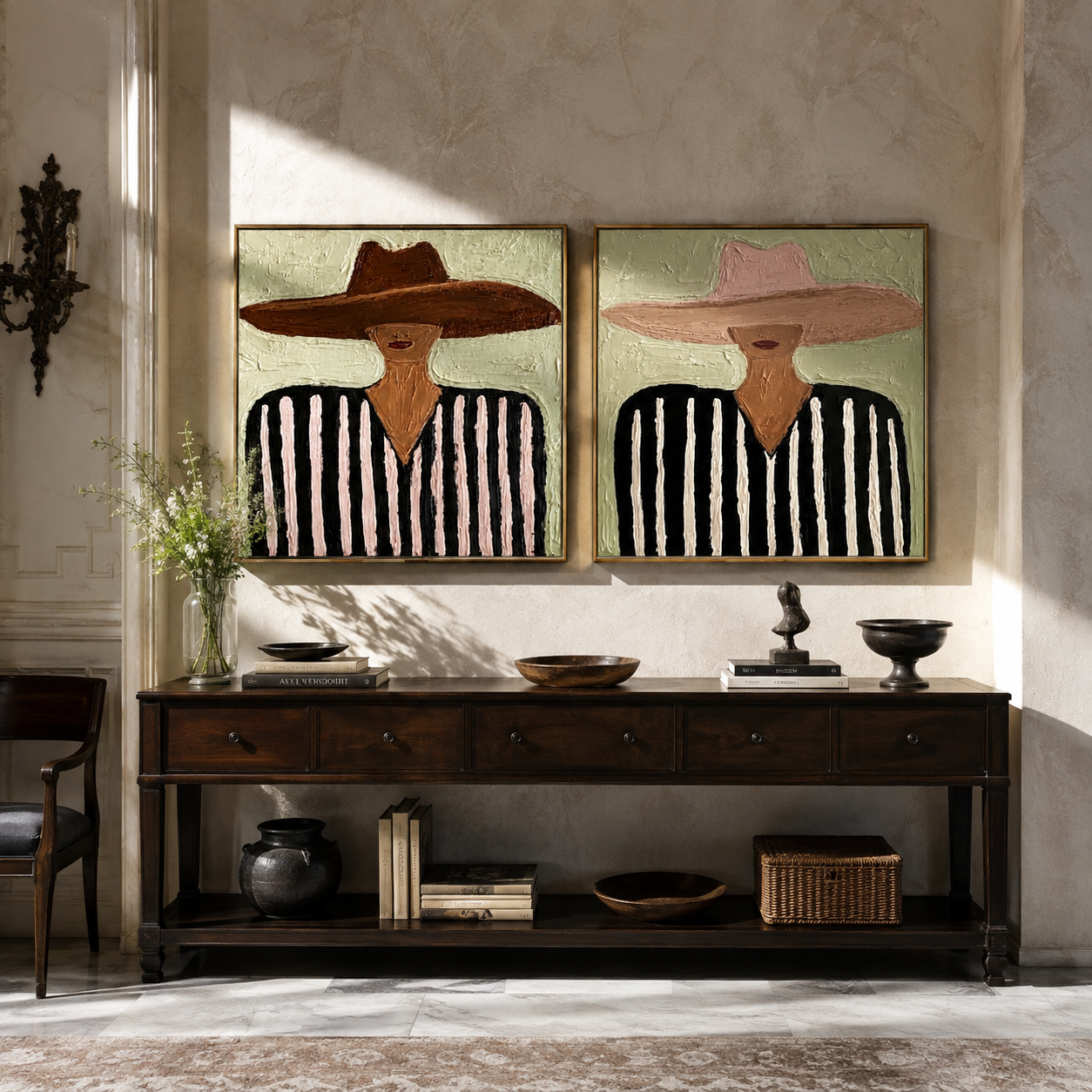 Mint Country Wears Stripes diptych presented with natural materials and decor