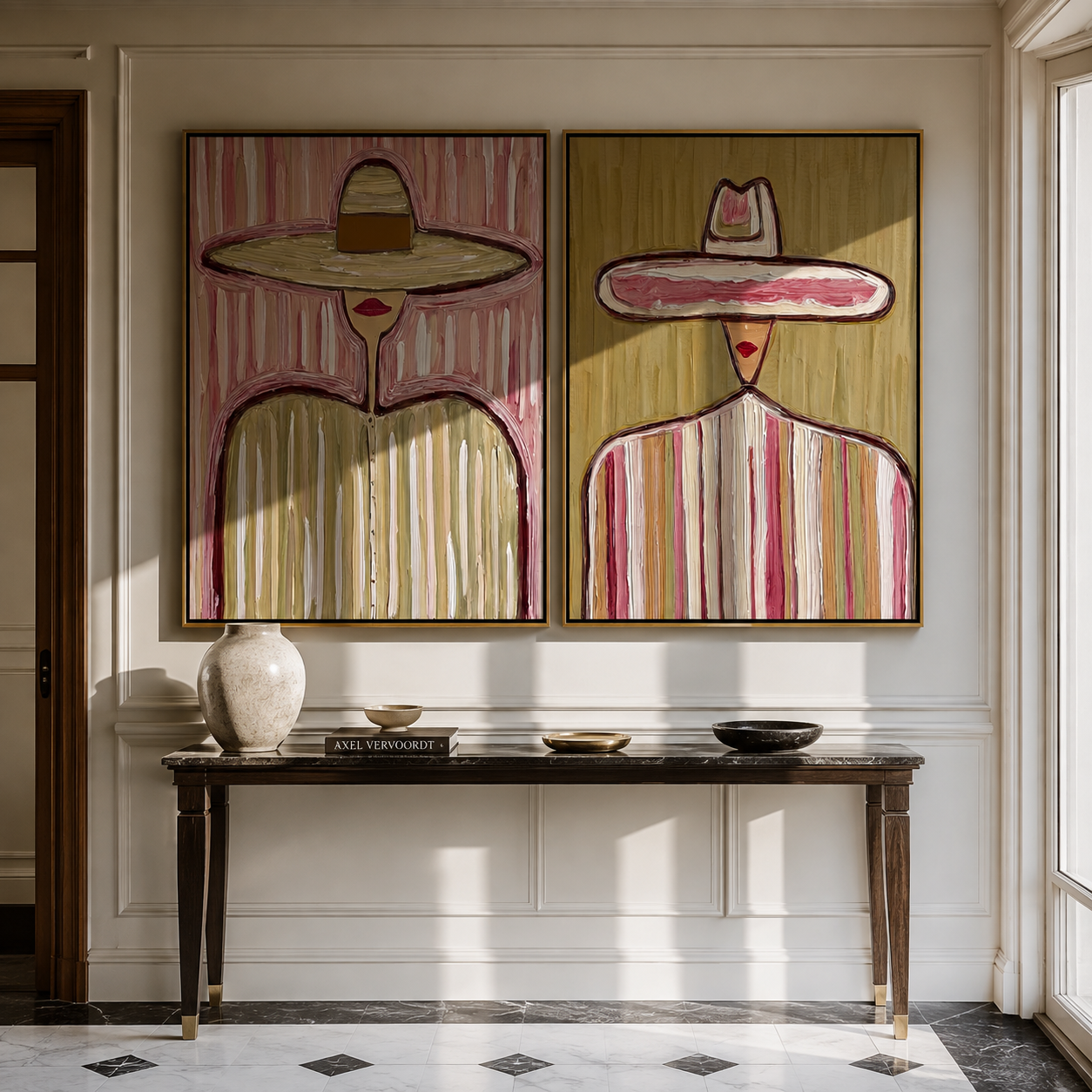 Pastel Sombreros Stand Tall paired wall art styled above modern furniture