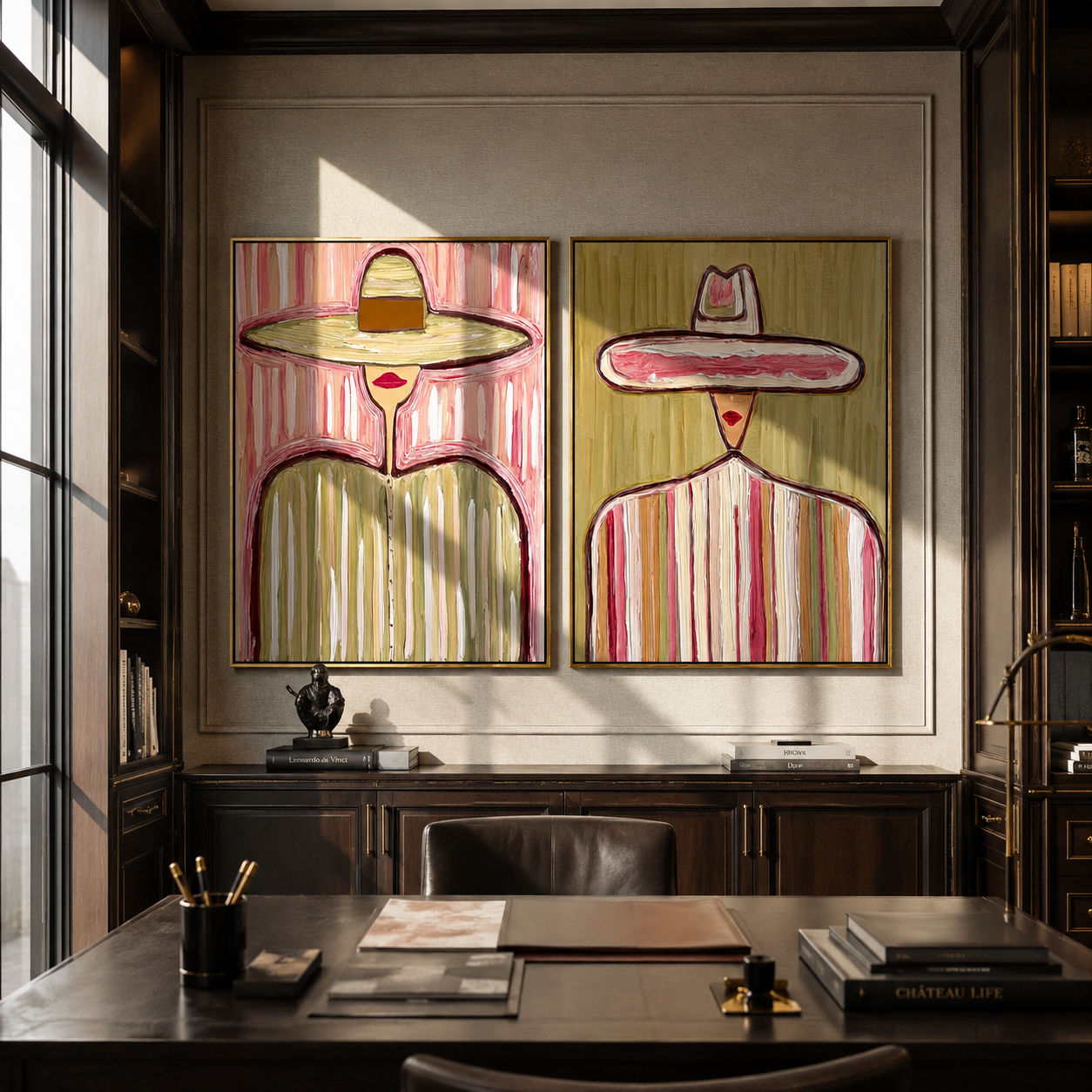 Pastel Sombreros Stand Tall two-panel Western artwork with layered color