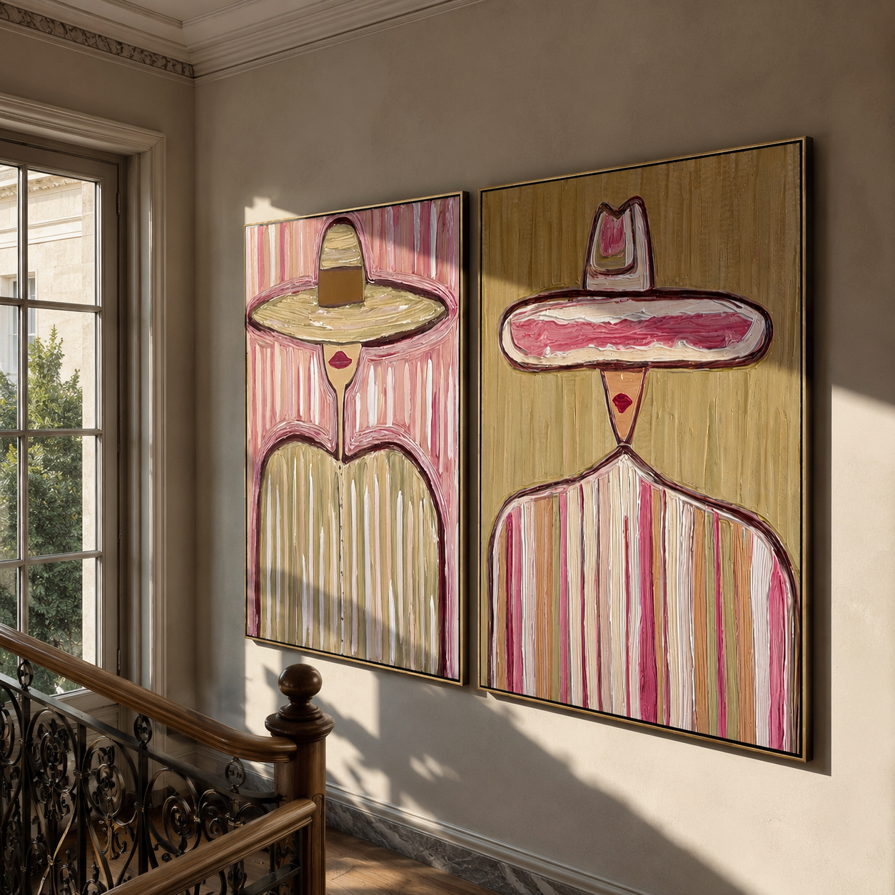 Pastel Sombreros Stand Tall diptych presented with natural materials and decor