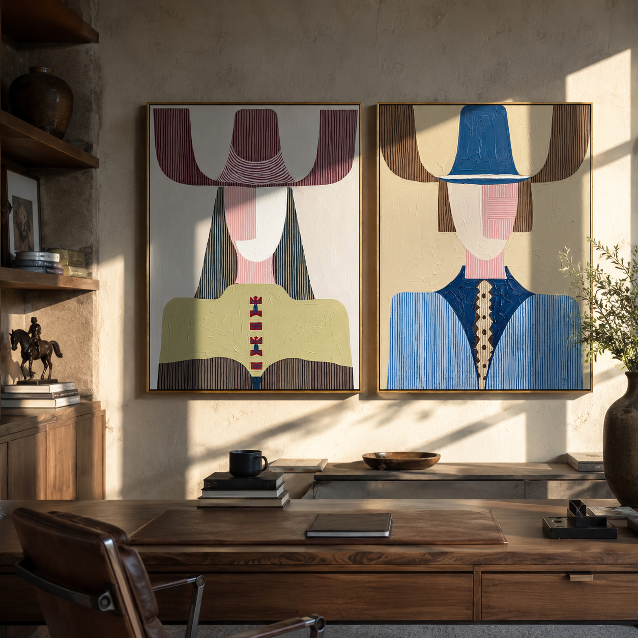 Modern Figures Trade Color Western diptych displayed in a contemporary interior