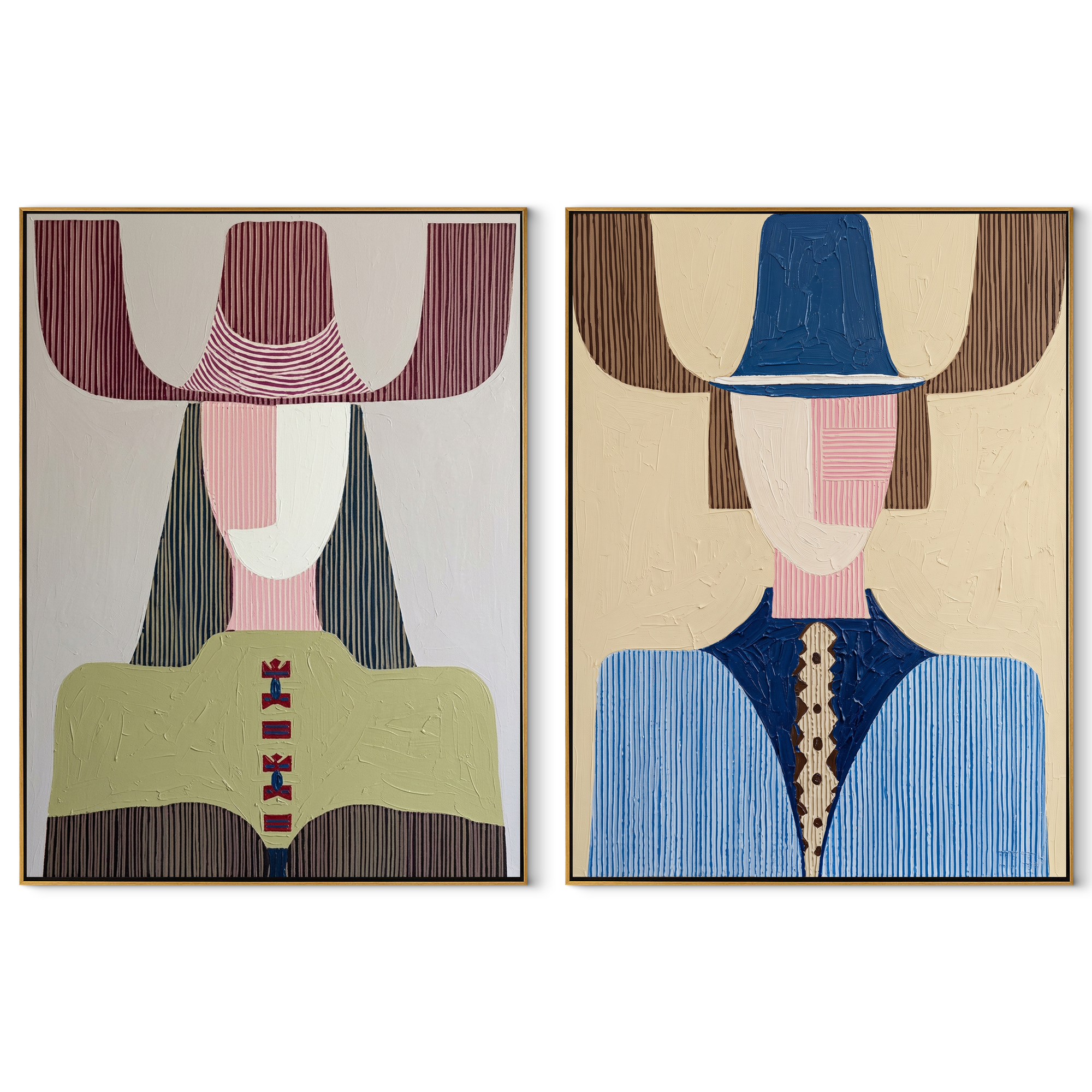 Modern Figures Trade Color set of two vertical canvas artworks on white