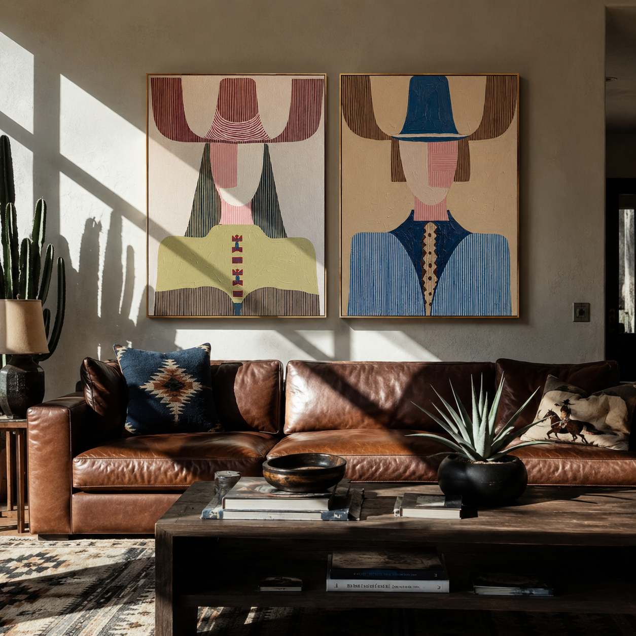 Modern Figures Trade Color Vintage Americana diptych in a collected room