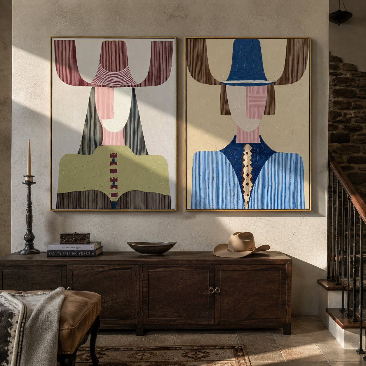 Modern Figures Trade Color two-panel Western artwork with layered color