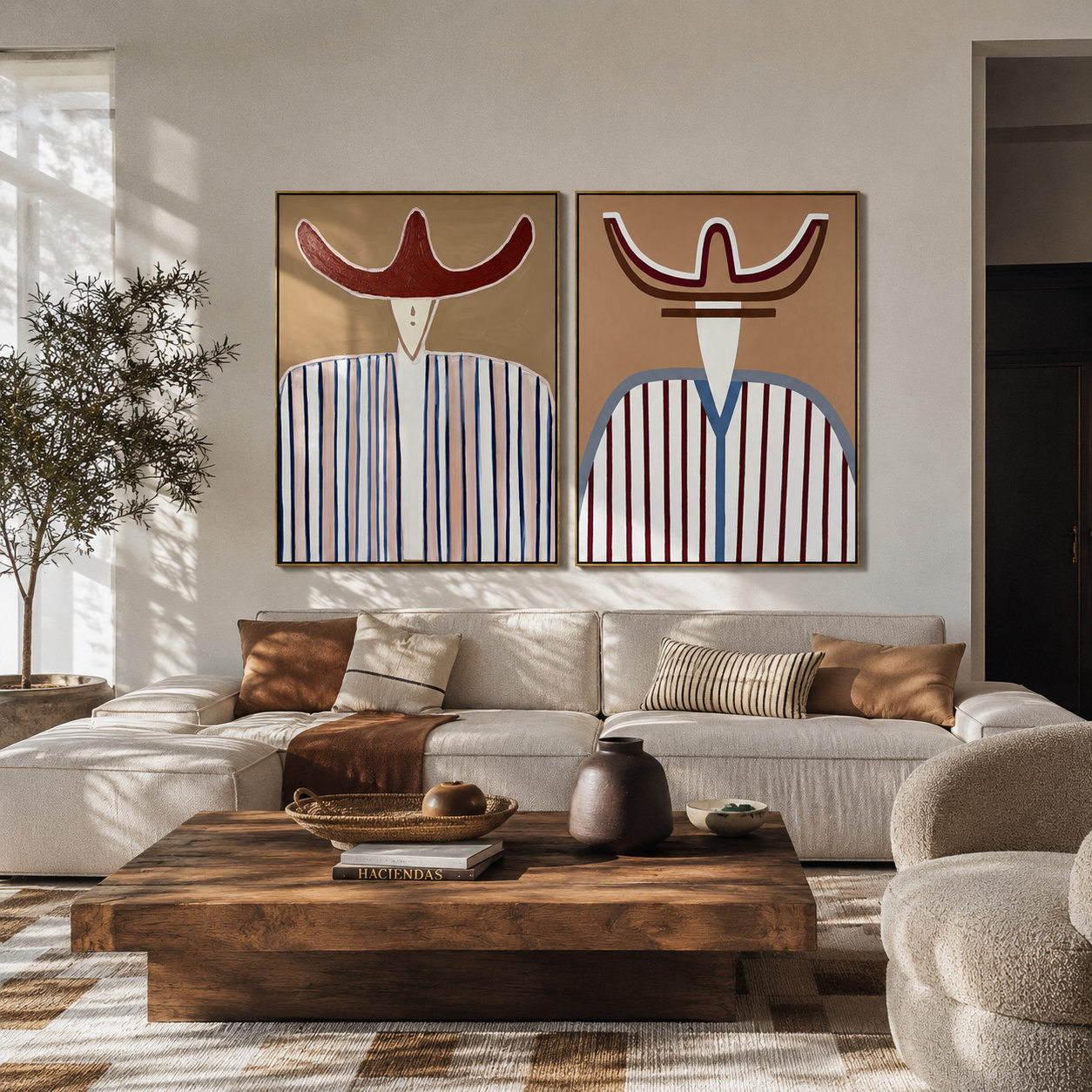 Blue Lines Mark Red paired wall art styled above modern furniture