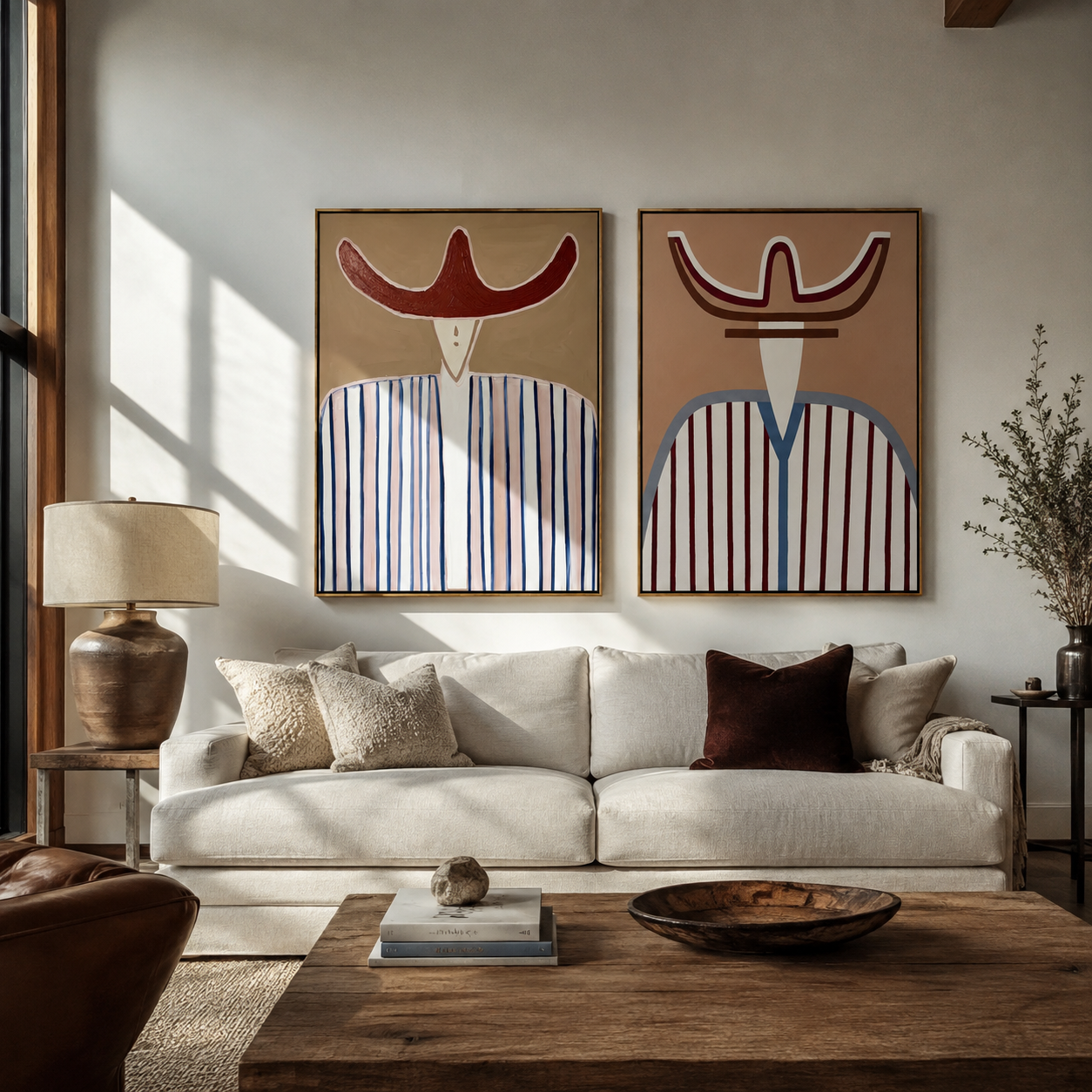 Blue Lines Mark Red diptych presented with natural materials and decor