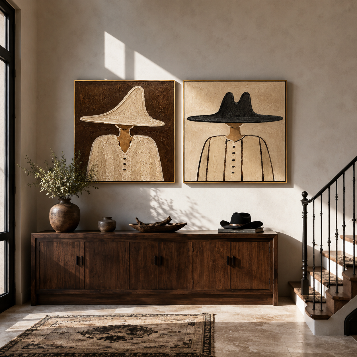 Pale Hats Hold Ground paired wall art styled above modern furniture