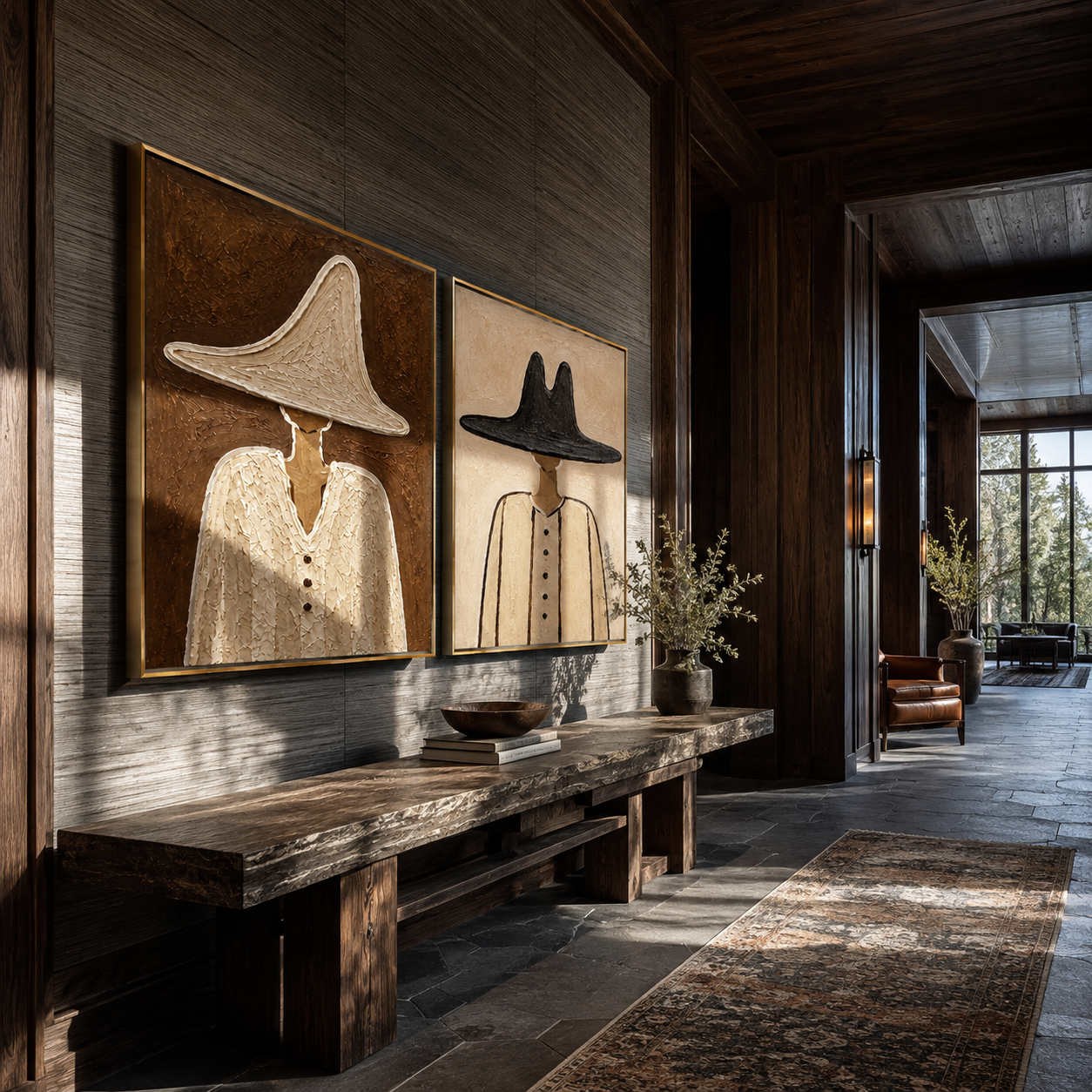 Pale Hats Hold Ground Vintage Americana diptych in a collected room