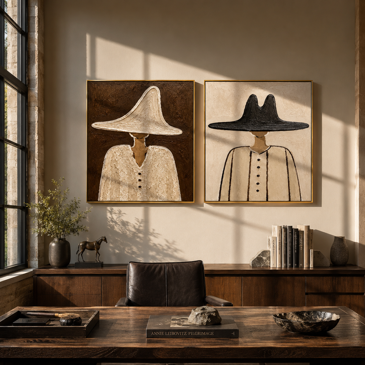 Pale Hats Hold Ground diptych presented with natural materials and decor