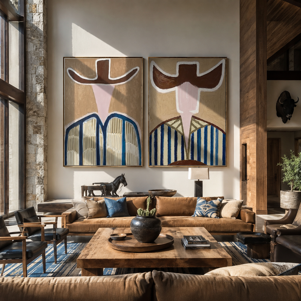 Blue Stripes Guard Dust paired wall art styled above modern furniture