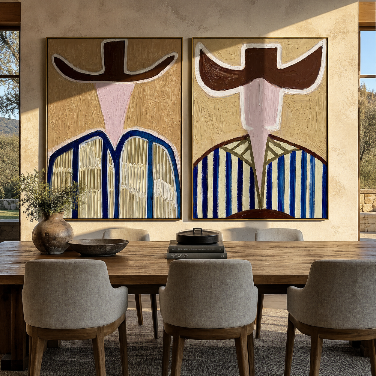Blue Stripes Guard Dust diptych presented with natural materials and decor