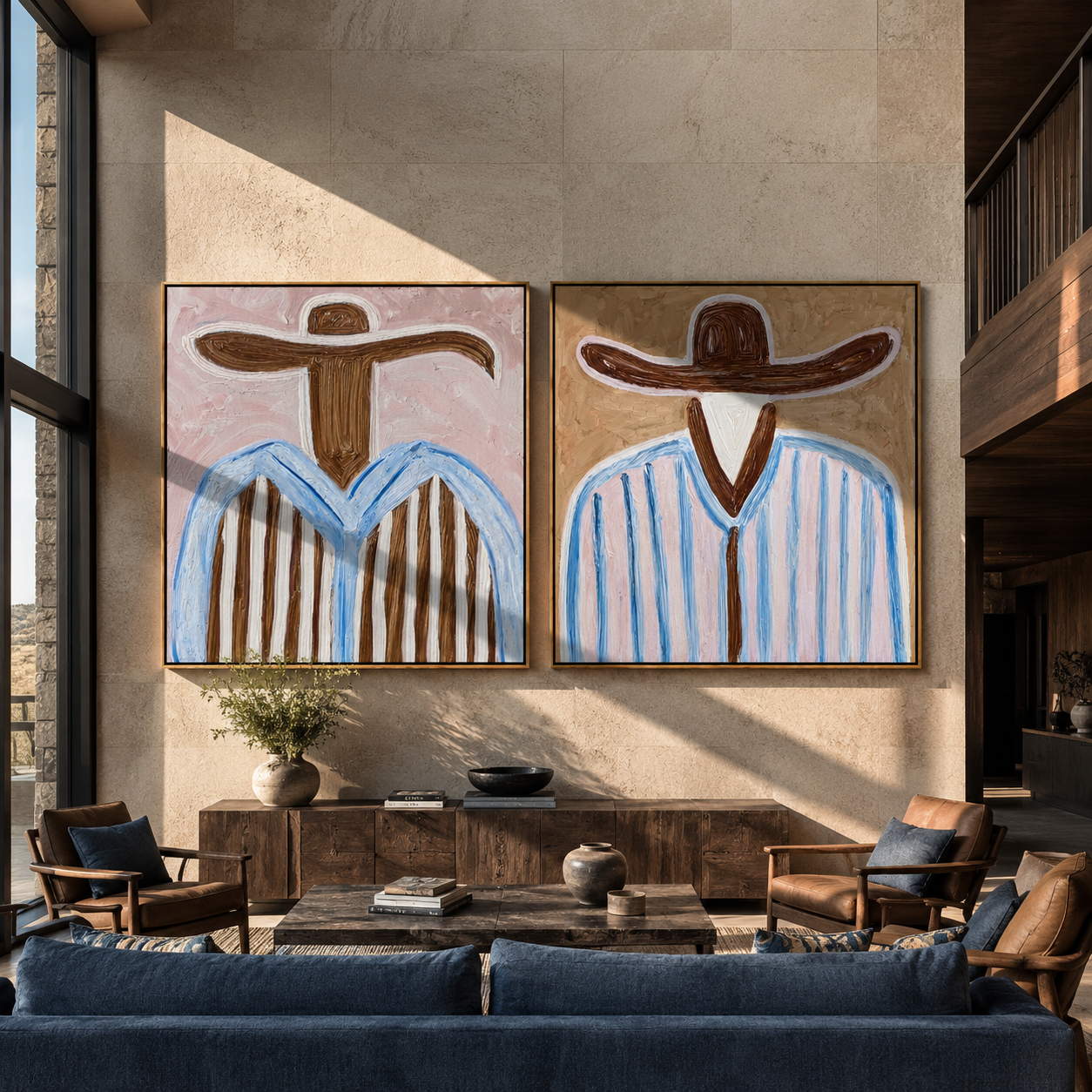 Pale Blue Lines Wander Western diptych displayed in a contemporary interior
