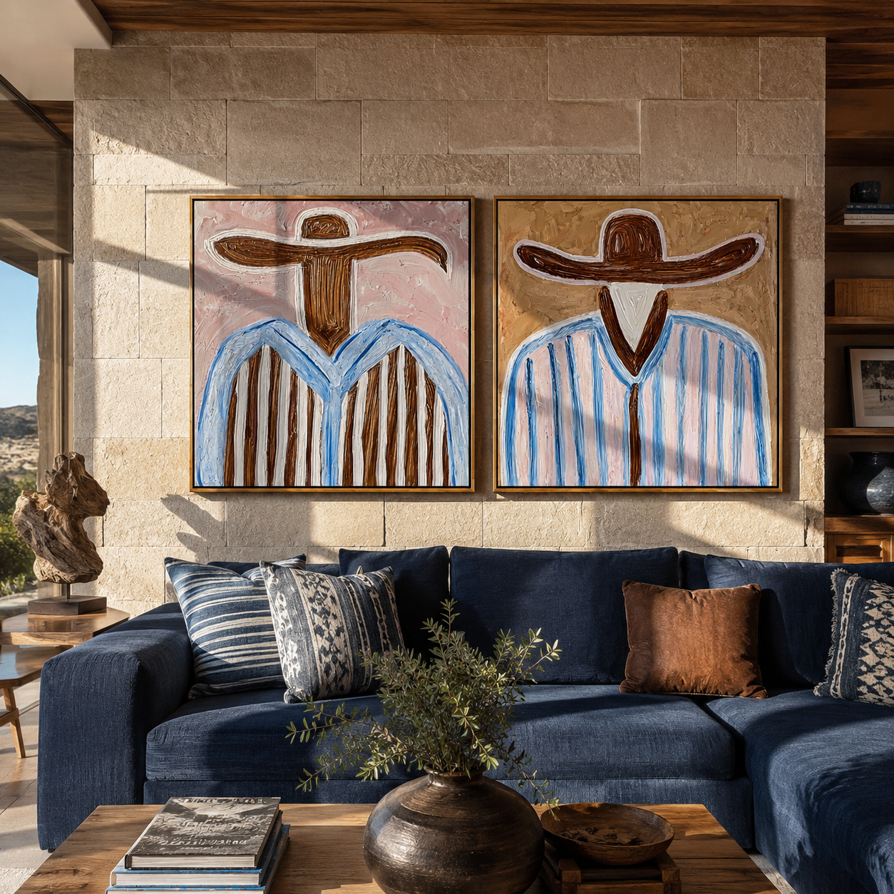 Pale Blue Lines Wander Vintage Americana diptych in a collected room
