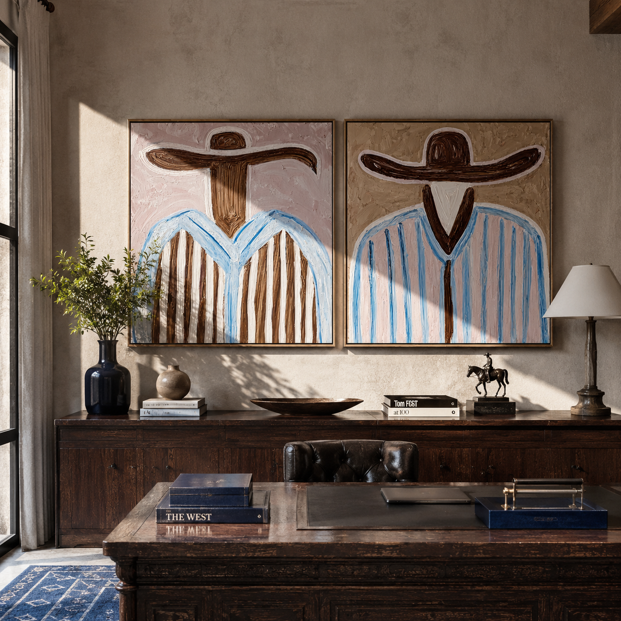 Pale Blue Lines Wander diptych presented with natural materials and decor