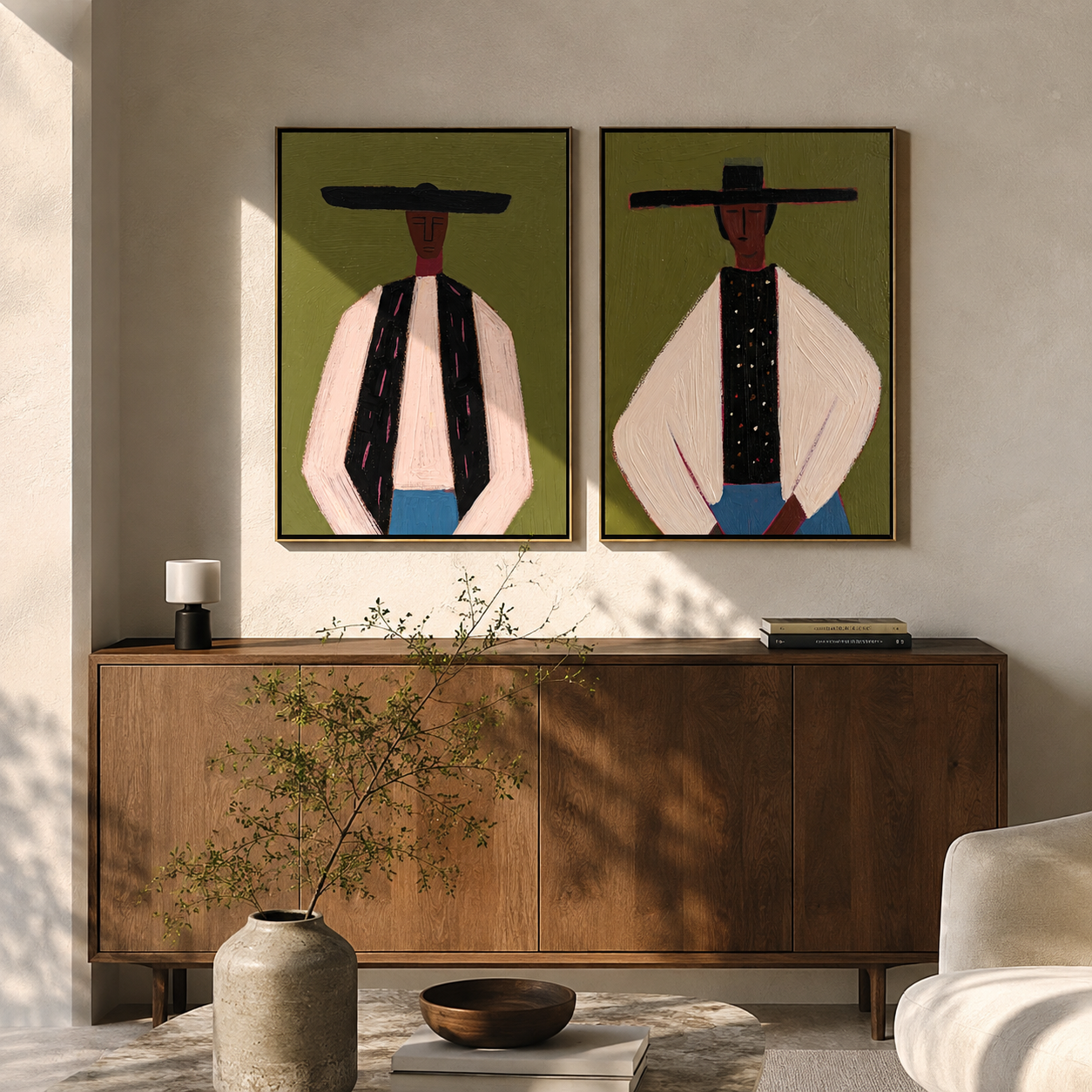 Formal Riders Stand Apart diptych presented with natural materials and decor