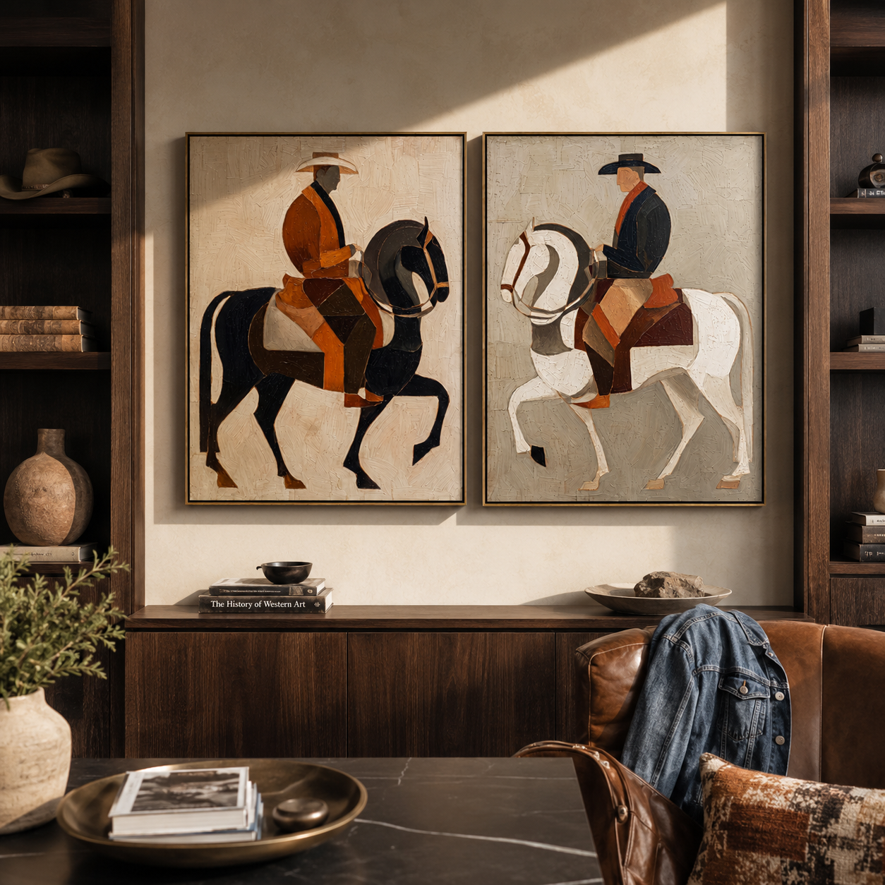 Geometric Riders Cross Earth diptych presented with natural materials and decor