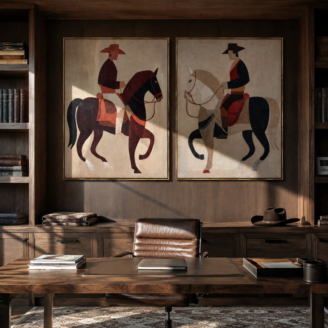 Riders Cut Red Geometry Western diptych displayed in a contemporary interior