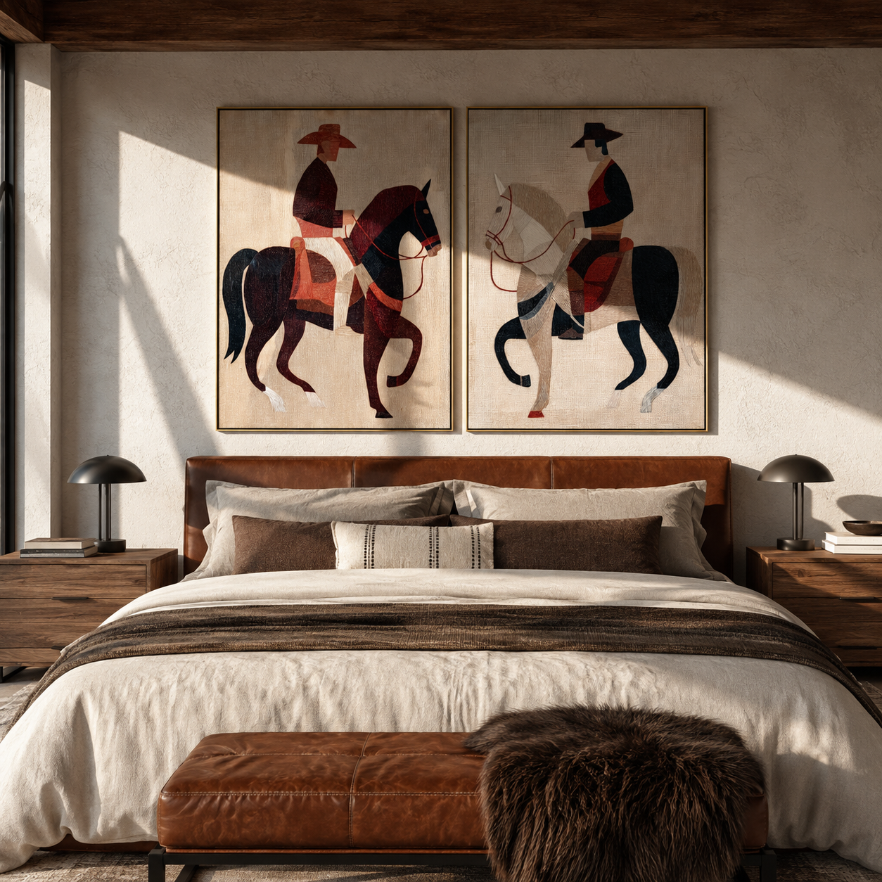Riders Cut Red Geometry diptych presented with natural materials and decor