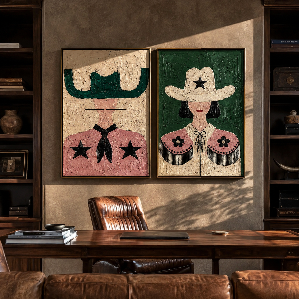 Star Cowgirls Share Color Vintage Americana diptych in a collected room
