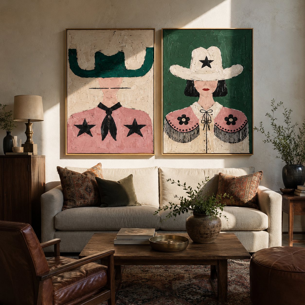 Star Cowgirls Share Color diptych presented with natural materials and decor