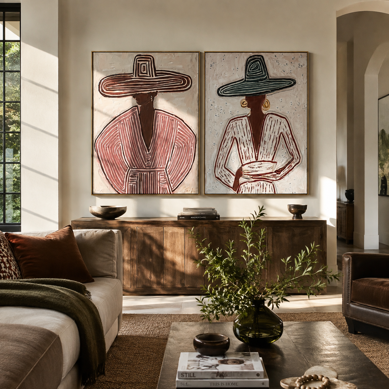 Mauve Lines Meet Teal Vintage Americana diptych in a collected room