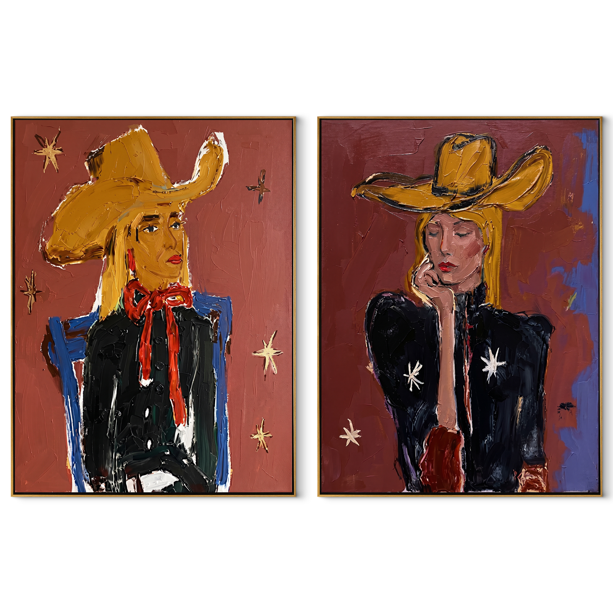 Yellow Hats Speak Loudly set of two vertical canvas artworks on white