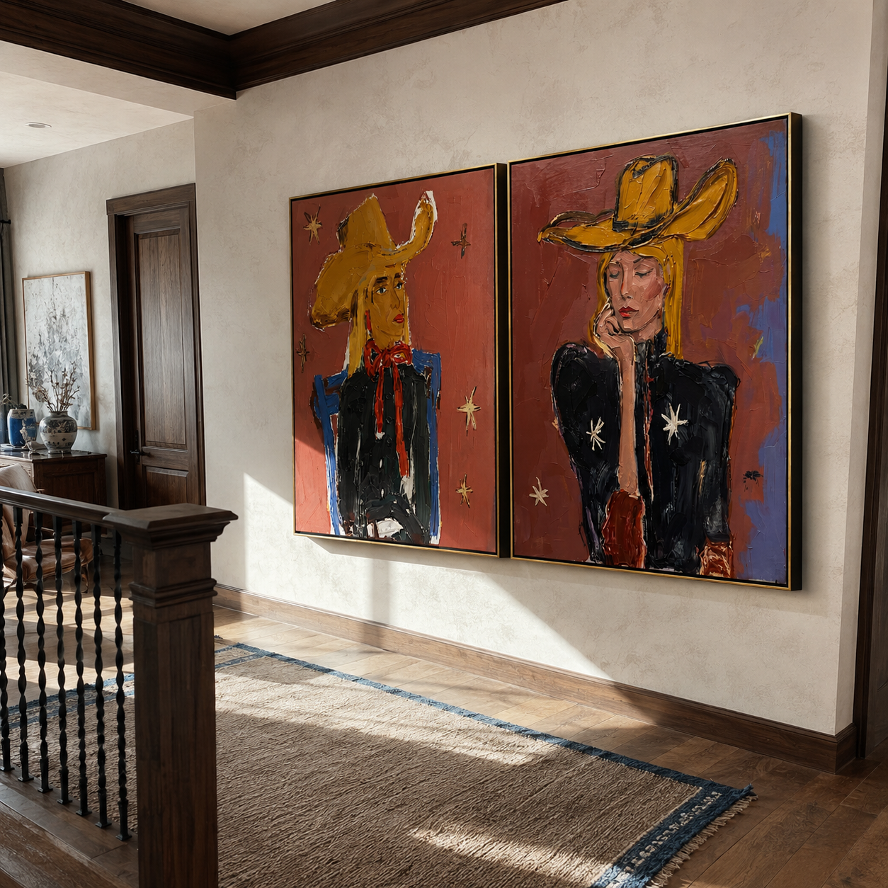 Yellow Hats Speak Loudly Vintage Americana diptych in a collected room